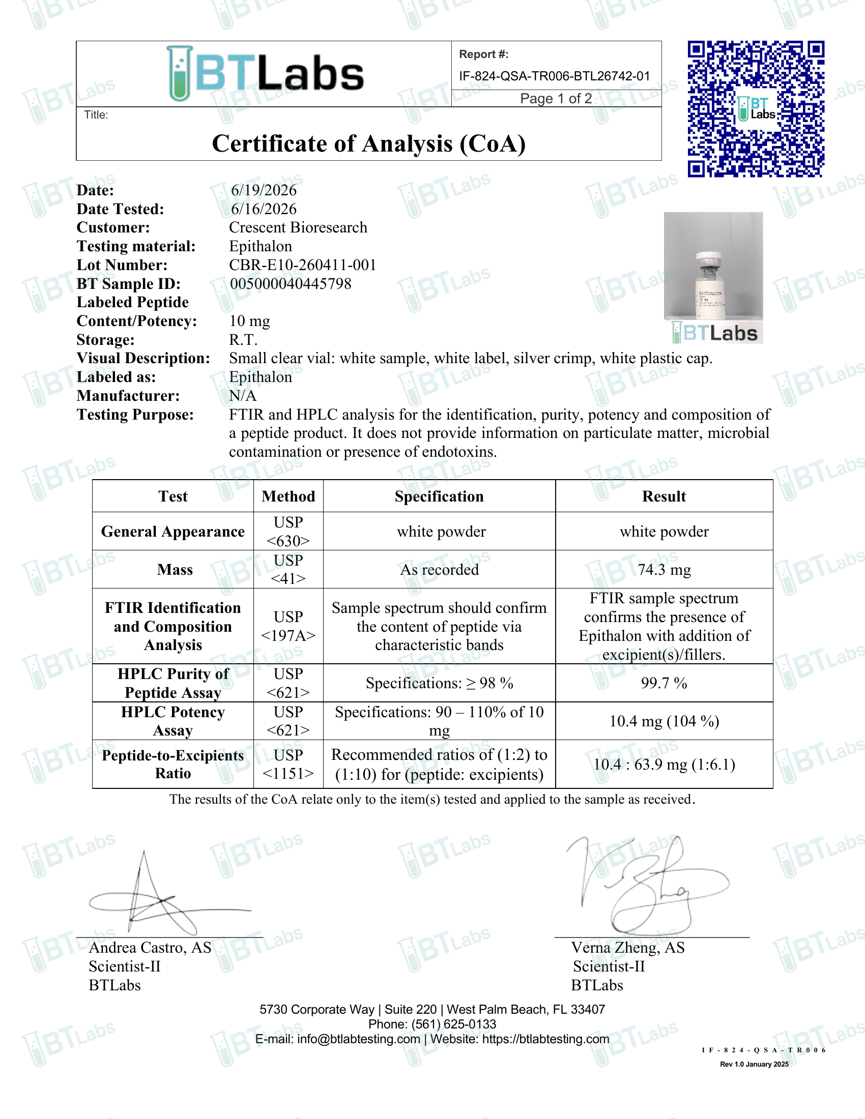 Signed Certificate of Analysis page 1 — purity, potency, identity (BTLabs CBR-E10-260411-001)