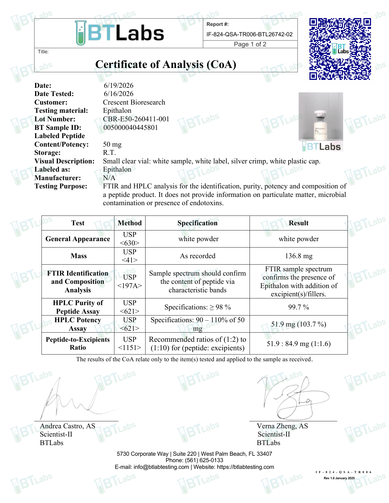 Signed Certificate of Analysis page 1 — purity, potency, identity (BTLabs CBR-E50-260411-001)