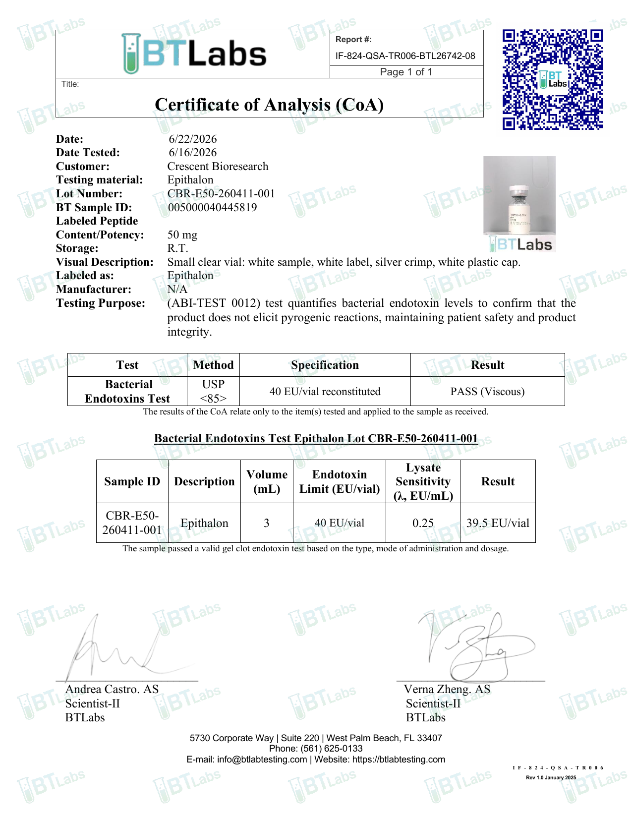 Signed Certificate of Analysis page 3 — endotoxin gel-clot (USP <85>) test page (BTLabs CBR-E50-260411-001)