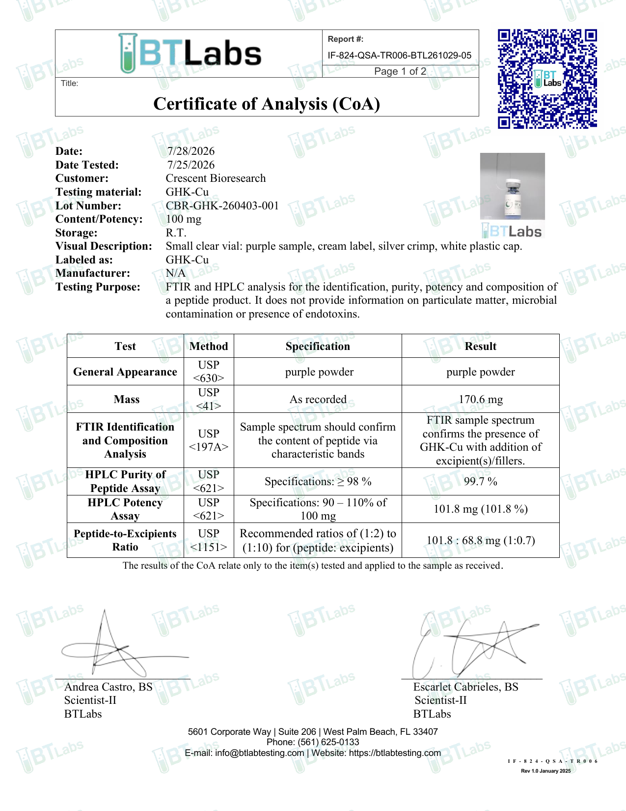 Signed Certificate of Analysis page 1 &mdash; identity, purity, potency (BTLabs CBR-GHK-260403-001)