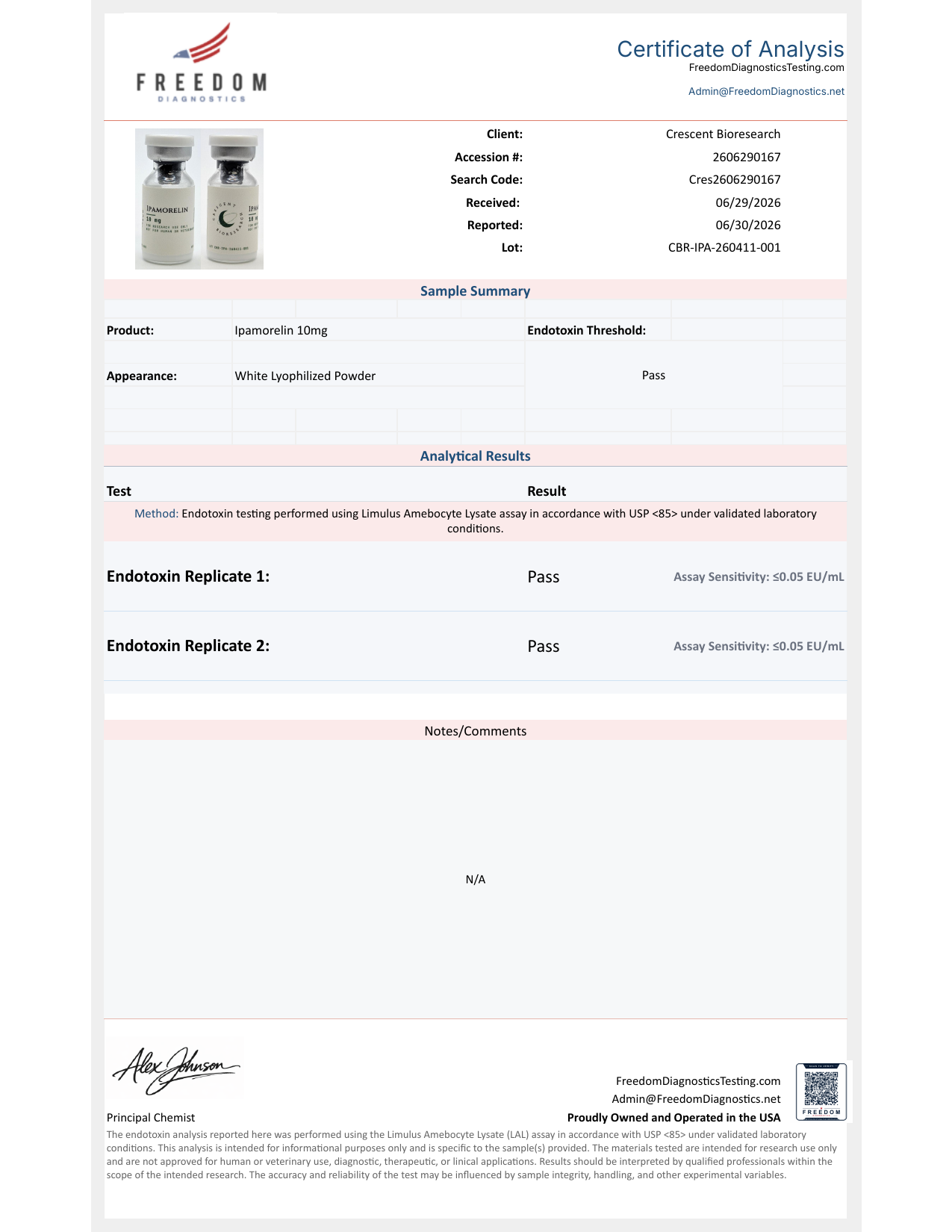 Signed Certificate of Analysis page 3 — endotoxin gel-clot (USP <85>) test page (BTLabs CBR-IPA-260411-001)