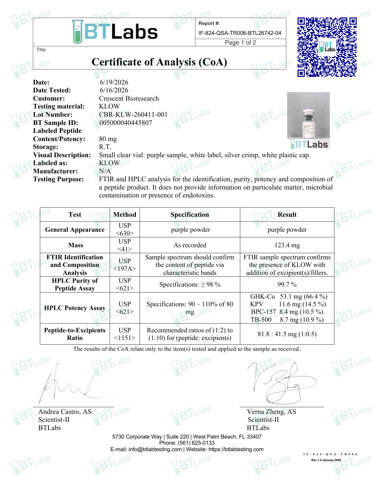 Signed Certificate of Analysis page 1 — purity, potency, identity (BTLabs CBR-KLW-260411-001)