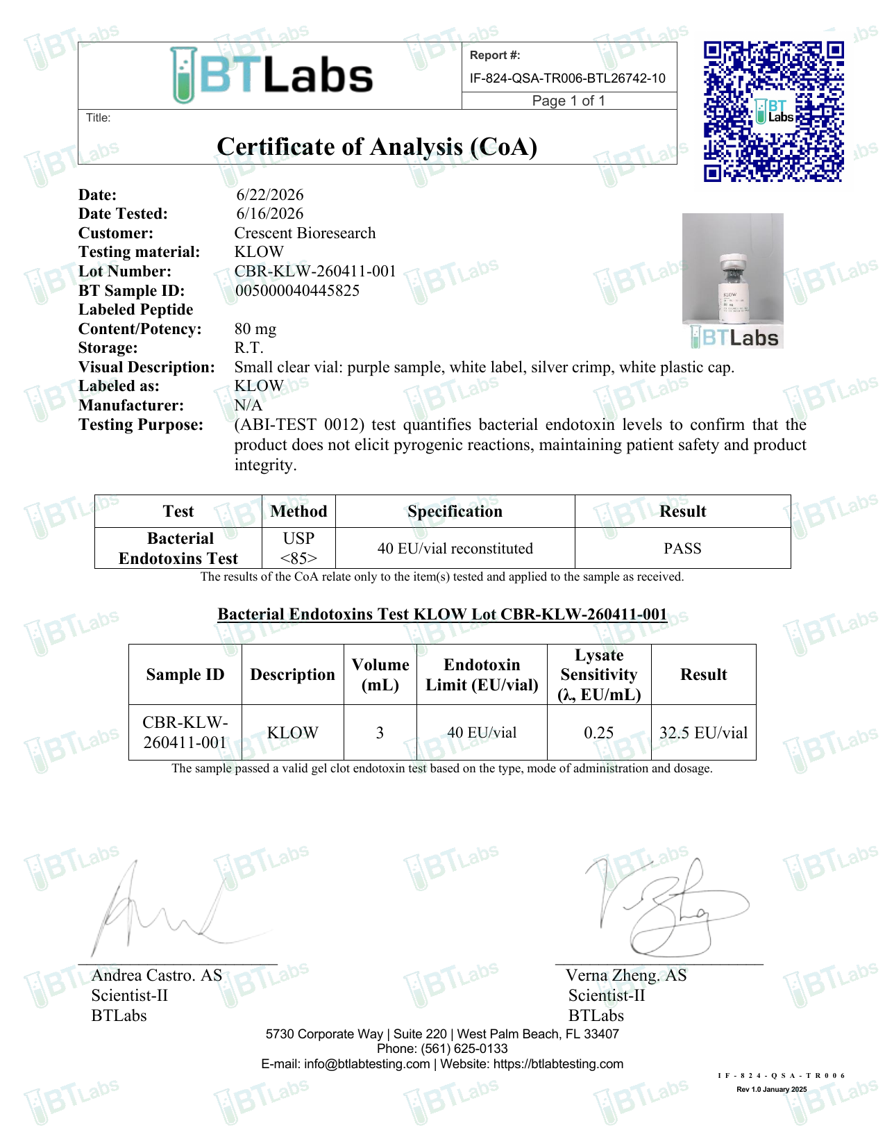 Signed Certificate of Analysis page 3 — endotoxin gel-clot (USP <85>) test page (BTLabs CBR-KLW-260411-001)