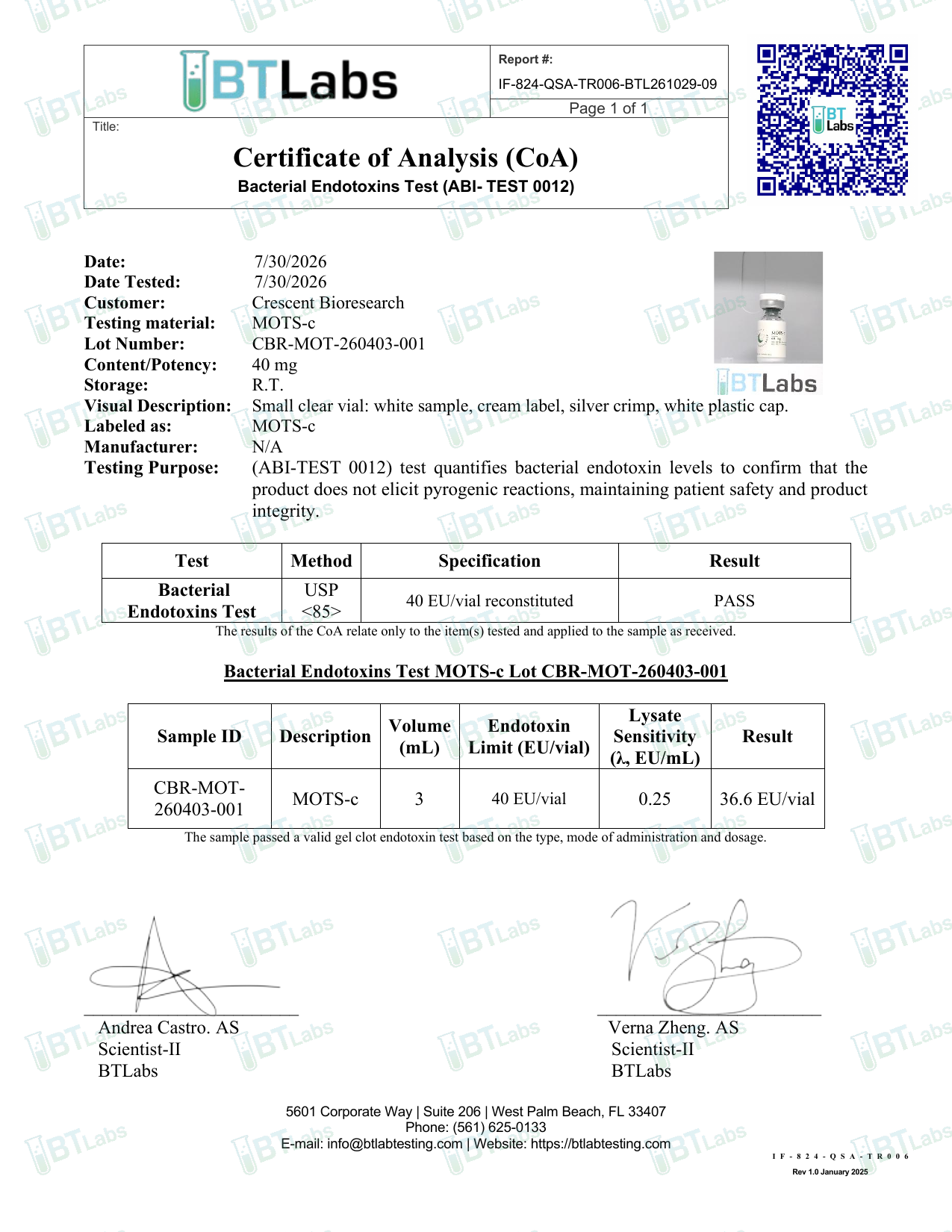 Signed Certificate of Analysis page 3 &mdash; bacterial endotoxin gel-clot USP <85> (BTLabs CBR-MOT-260403-001)