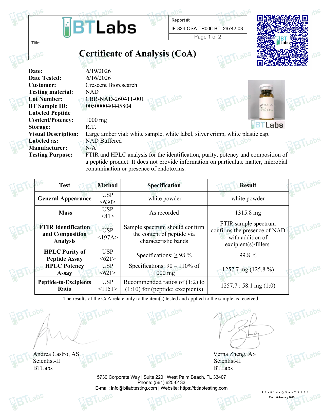 Signed Certificate of Analysis page 1 — purity, potency, identity (BTLabs CBR-NAD-260411-001)