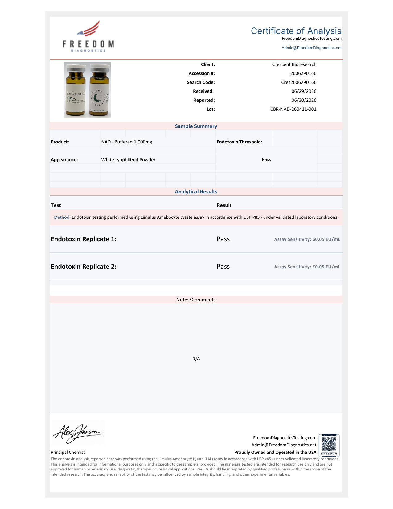 Signed Certificate of Analysis page 3 — endotoxin gel-clot (USP <85>) test page (BTLabs CBR-NAD-260411-001)