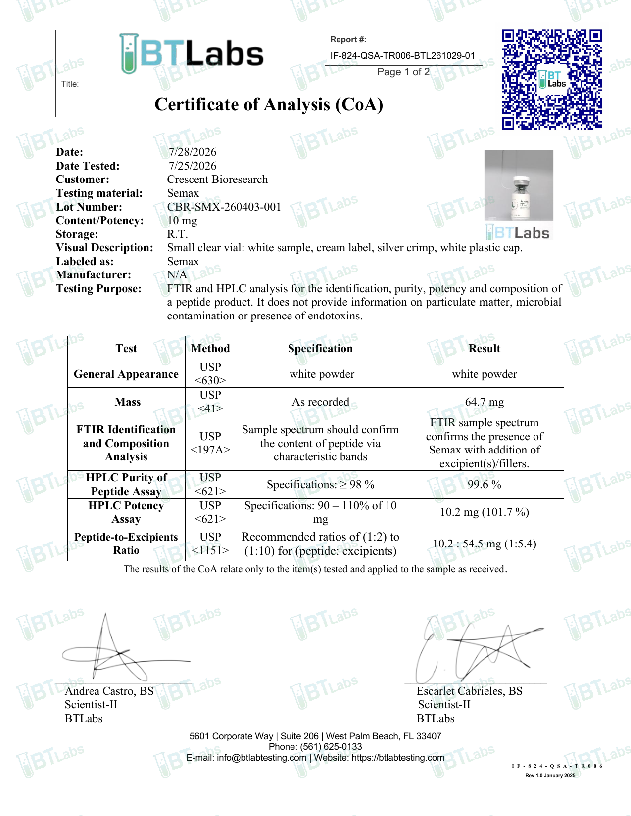 Signed Certificate of Analysis page 1 — identity, purity, potency (BTLabs CBR-SMX-260403-001)